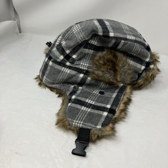 Plaid Trapper Hat Wool Blend Faux Fur Aviator Ear Flaps Gray Lumberjack Winter - Picture 1 of 9